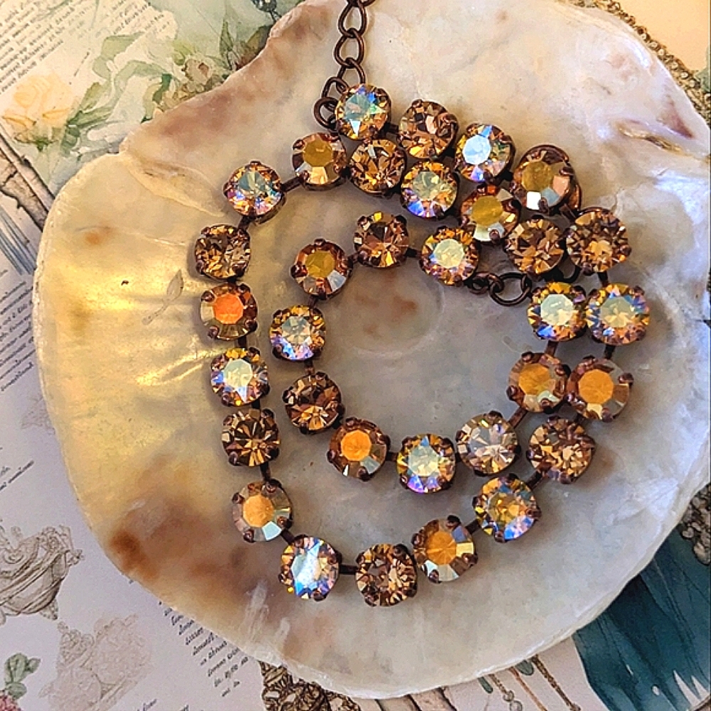 Yellow Topaz Shimmering Crystal Necklace and Earrings in Antique Bronze